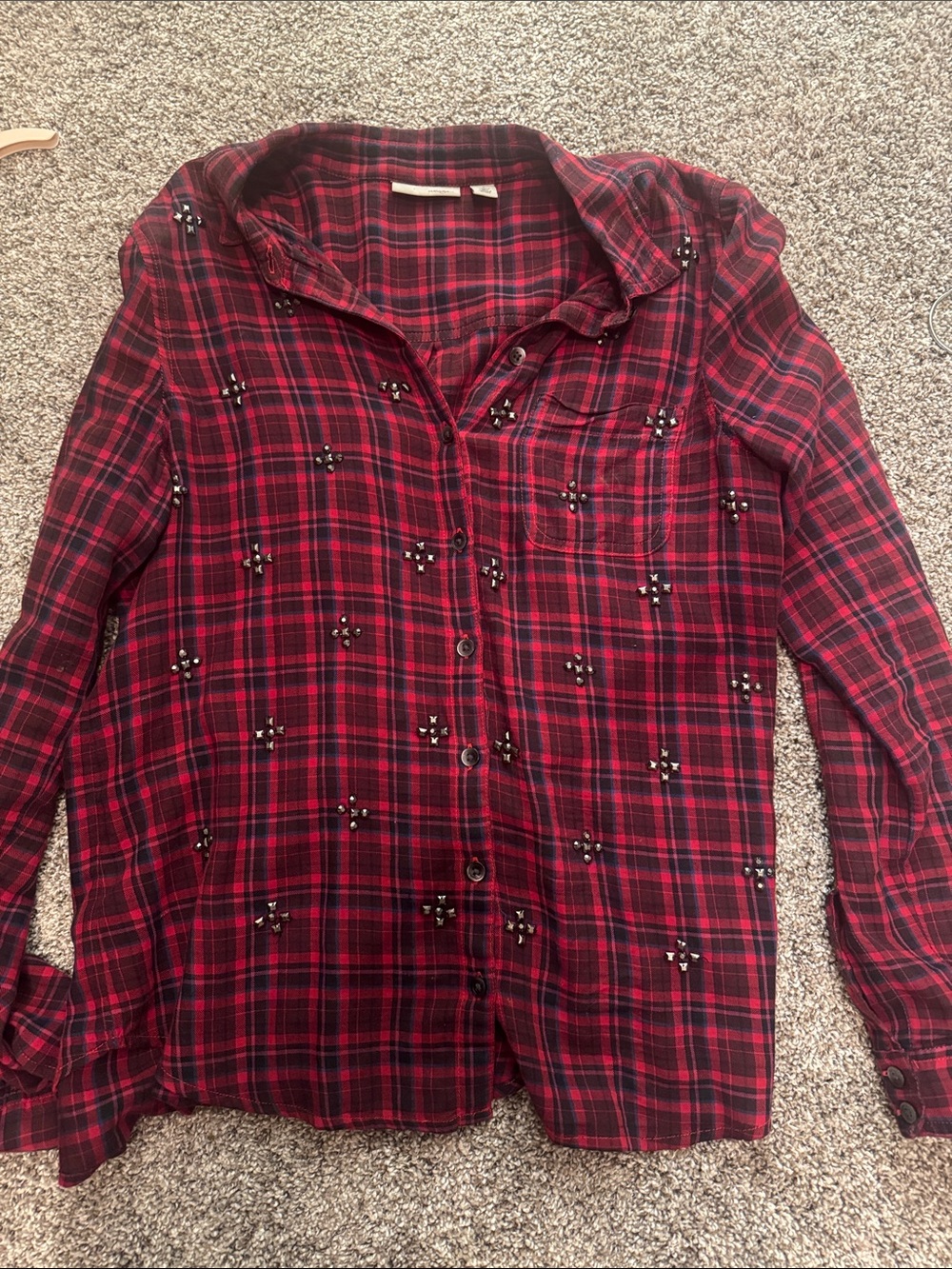 Halogen Red and Black Plaid Button-Down Shirt with Bead Details